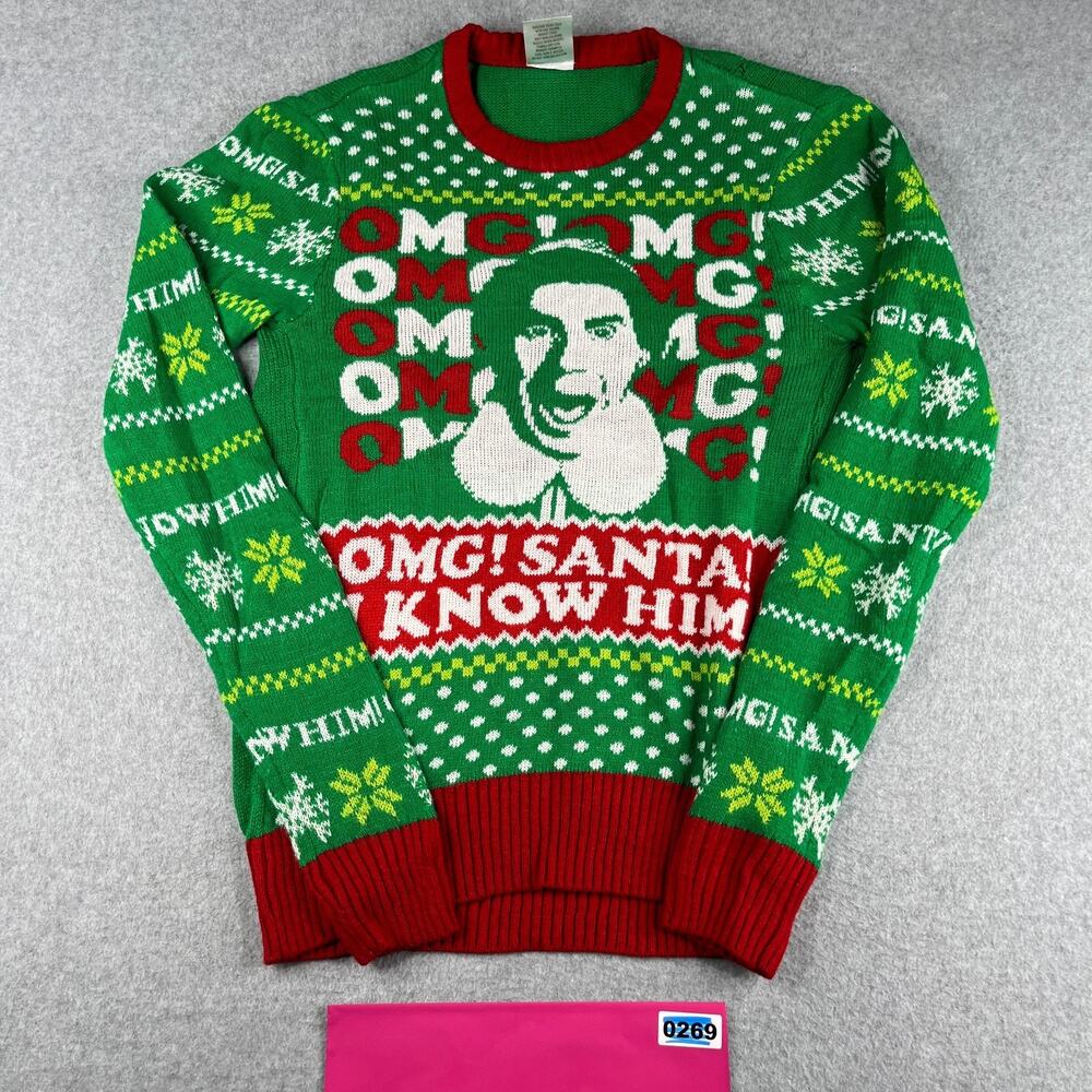 Buddy The Elf Christmas Sweater Small Green Knit OMG I Know Him Long Sleeve *see